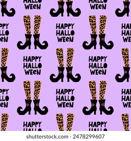 Cute Witch's boots seamless pattern with spider web for Halloween. Cute doodle design. Jack o lantern set. funny hand drawn doodle, textile graphic design. wallpaper, wrapping paper, background.