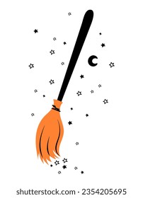 Broomstick de bruja Cute - Ilustración vectorial, elemento de diseño mágico dibujado a mano. Bien por camisetas, tazas, reserva de chatarra, regalo, imprenta. Citas de vacaciones. Sombrero de bruja, escoba.