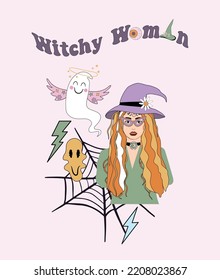 Cute witchy woman halloween illustration. 70s retro style hand drawn graphic, perfect for posters, cards, t-shirt design.