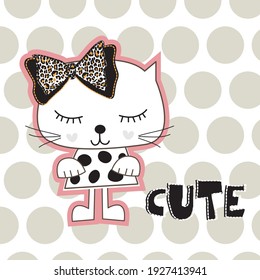 Cute withe cat on polka dots background. T-shirt graphics design for kids.