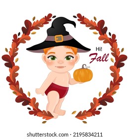 Cute Wizard baby boy holding pumpkin in colorful flat style with wreath from autumn leaves. Baby shower concept in Autumn season vector