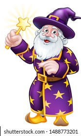A cute wizard cartoon character holding a magic wand and pointing