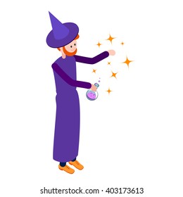 Cute wizard casts a spell over the flask of potion. Wizard isolated on white background. Isometric icon of wizard. Vector illustration.