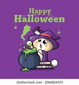 A CUTE WIZARD CAT IS COOKING MAGIC INGREDIENTS IN A BIG POT. HALLOWEEN ILLUSTRATION.