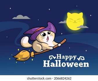 A CUTE WIZARD CAT IS FLYING WITH A MAGIC BROOM IN THE NIGHT SKY. HALLOWEEN BACKGROUND.