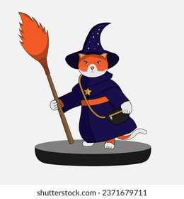 Cute wizard cat wearing a magic hat and holding a broom, halloween vector