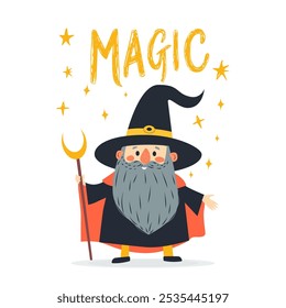 Cute Wizard Character with Magic text and Stars for children s books, fantasy designs, and playful creative projects.