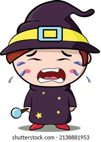 cute wizard with crying expression, holding magic wand