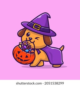 Cute Wizard Dog Bring Pumpkin Halloween Cartoon Vector Icon Illustration. Animal Holiday Icon Concept Isolated Premium Vector. Flat Cartoon Style