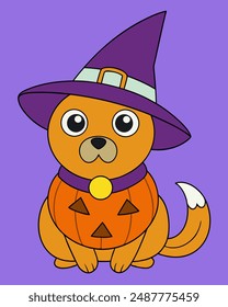 Perro lindo del mago con el Arte vectorial de Halloween de la calabaza, ilustración del Clipart de dibujos animados