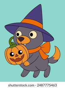 Netter Zauberhund mit Kürbis Halloween Vektorgrafik, Cartoon Clipart Illustration