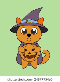 Cute Wizard Dog with Pumpkin Halloween Vector Art, Cartoon Clipart Illustration