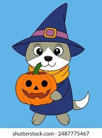 Cute Wizard Dog with Pumpkin Halloween Vector Art, Cartoon Clipart Illustration