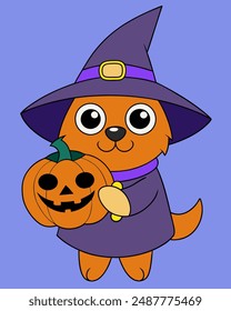Cute Wizard Dog with Pumpkin Halloween Vector Art, Cartoon Clipart Illustration