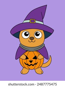 Cute Wizard Dog with Pumpkin Halloween Vector Art, Cartoon Clipart Illustration