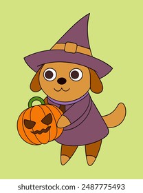 Cute Wizard Dog with Pumpkin Halloween Vector Art, Cartoon Clipart Illustration