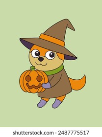 Cute Wizard Dog with Pumpkin Halloween Vector Art, Cartoon Clipart Illustration