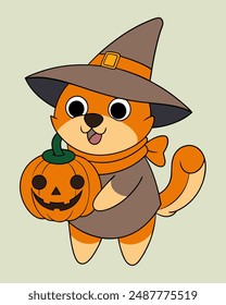Cute Wizard Dog with Pumpkin Halloween Vector Art, Cartoon Clipart Illustration