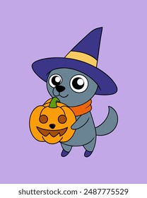 Cute Wizard Dog with Pumpkin Halloween Vector Art, Cartoon Clipart Illustration
