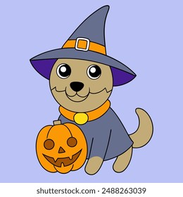 Cute Wizard Dog with Pumpkin Halloween Vector Art, Cartoon Clipart Illustration