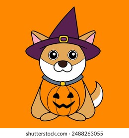 Cute Wizard Dog with Pumpkin Halloween Vector Art, Cartoon Clipart Illustration