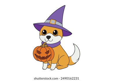 Cute Wizard Dog with Pumpkin Vector Illustration - Cartoon, Clipart, Line Art Design