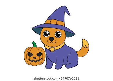 Cute Wizard Dog with Pumpkin Vector Illustration - Cartoon, Clipart, Line Art Design