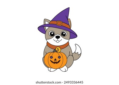 Cute Wizard Dog with Pumpkin Vector Illustration - Cartoon, Clipart, Line Art Design