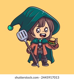 Cute wizard eating burger cartoon illustration. Study icon concept. Flat cartoon style.