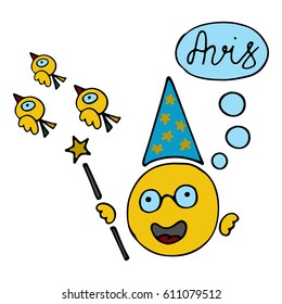 Cute wizard emoticon say AVIS and summoning birds. Emoji, smiley - vector sign illustration. Cartoon Coloring book page
