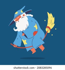 Cute wizard flying on magic broom vector cartoon character isolated on background.