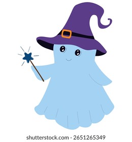 Cute wizard ghost holding magic wand. Flat vector illustration in a fun and spooky Halloween style. Perfect for children's designs, party decor, autumn prints, stickers, and magical seasonal graphics