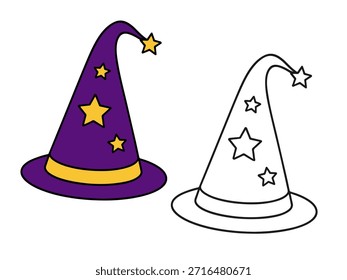 Bonito chapéu de assistente em versões coloridas e de contorno com detalhes de estrela. Simples ilustração de desenho animado perfeito para desenhos infantis, temas de fantasia, adesivos, ícones e páginas de coloração.
