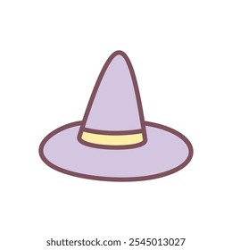 Lindo icono de sombrero de asistente. Dibujado a mano ilustración de un sombrero de bruja púrpura aislado sobre un fondo blanco. Pegatina de Halloween Kawaii. Vector 10 EPS.