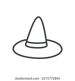 Cute wizard hat icon. Kawaii Halloween sticker. Hand drawn monochrome illustration isolated on a white background. Vector 10 EPS.