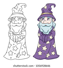 Cute wizard in hat linear and color vector drawings.
