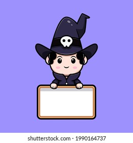 cute wizard holding blank text board fairytale avatar character. cartoon illustration