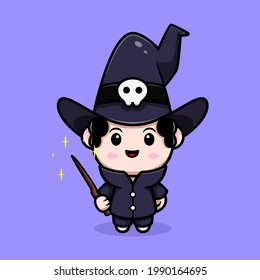 cute wizard with magic stick fairytale avatar character. cartoon illustration