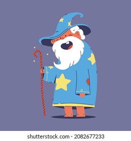 Cute wizard with magic stick vector cartoon character isolated on background.