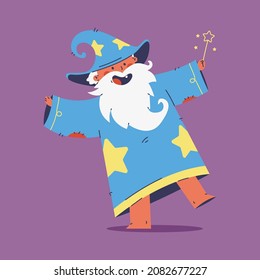 Cute wizard with magic wand vector cartoon character isolated on background.