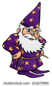 A cute wizard mascot cartoon character looking over his glasses