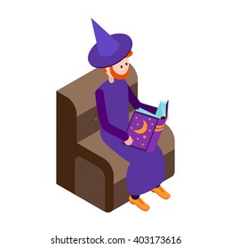 Cute wizard reads the book. Wizard isolated on white background. Isometric icon of wizard. Vector illustration.