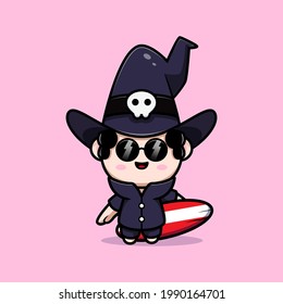 cute wizard ready to surfing fairytale avatar character. cartoon illustration