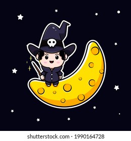 cute wizard sitting on moon fairytale avatar character. cartoon illustration