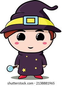 cute wizard with smile expression, holding magic wand