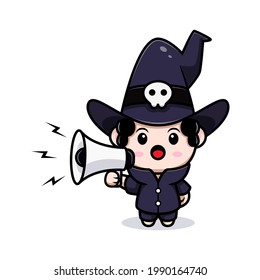 cute wizard speaking on megaphone fairytale avatar character. cartoon illustration