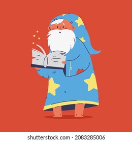 Cute wizard with spell book vector cartoon character isolated on background.