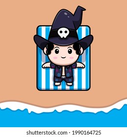 cute wizard sunbathing on beach fairytale avatar character . cartoon illustration