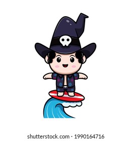 cute wizard surfing fairytale avatar character. cartoon illustration