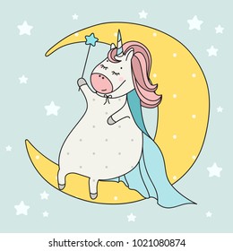 Cute wizard unicorn with wand sitting on the moon. Cartoon illustration. Doodle art of magic creature. Can be used for t-shirt print, print design, wear, baby shower greeting and invitation card.